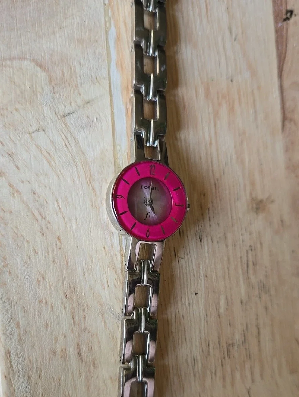Fossil Silver Link Watch with Bright Pink Dial